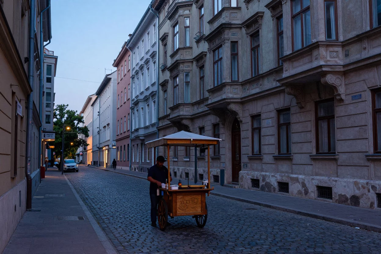 Nautical Dawn Street Scene in Budapest Hungary with Vintage Italian Majolica Plate in in Budapest, Hungary