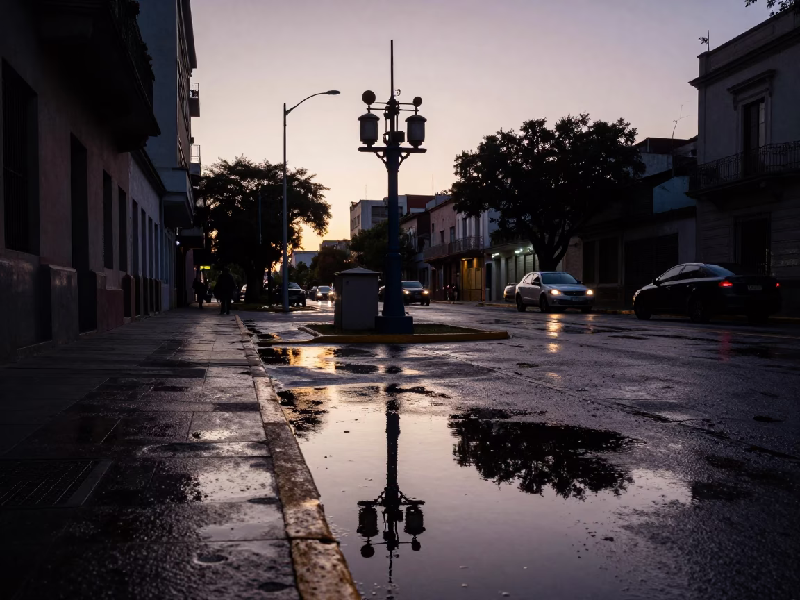 Nautical Dawn Street Scene in Buenos Aires Argentina with Substation Puddle and Drain in in Buenos Aires, Argentina