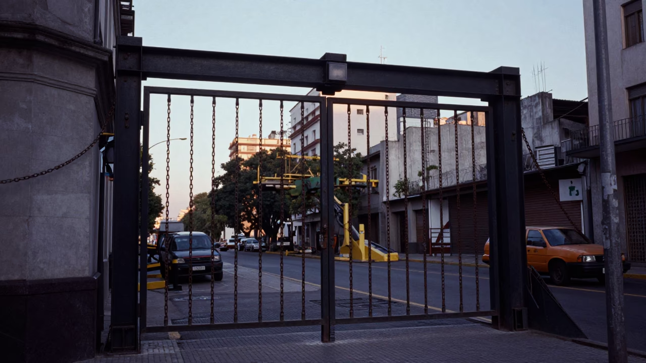 Nautical Dawn Street Scene in Buenos Aires with Construction Elevator Gate and Rebar Bundles in in Buenos Aires, Argentina