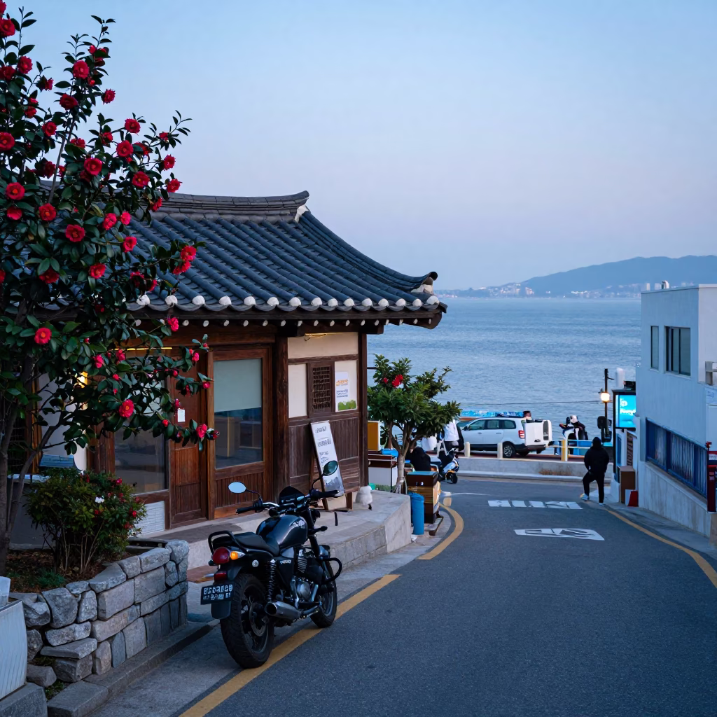 Nautical Dawn Street Scene in Busan South Korea with Motorcycle and Camellia Bush in in Busan, South Korea