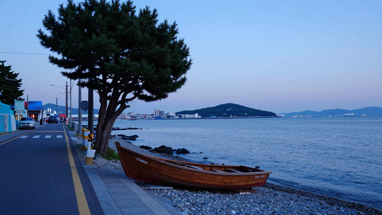 Nautical Dawn Street Scene in Busan South Korea with Rowboat and Tree in in Busan, South Korea