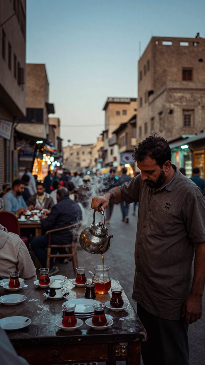 Nautical Dawn Street Scene in Cairo Egypt with Tea Saucers and Urban Life in in Cairo, Egypt