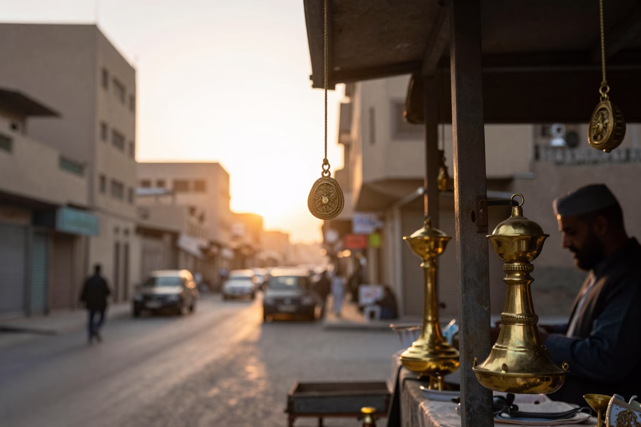 Nautical Dawn Street Scene in Cairo Egypt with Traditional Amulet and Brass Details in in Cairo, Egypt