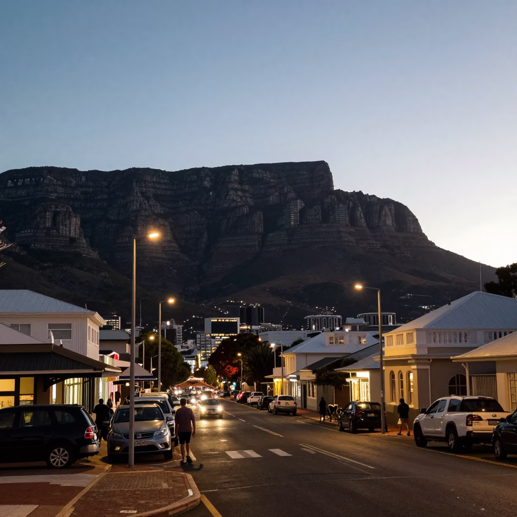 Nautical Dawn Street Scene in Cape Town South Africa with Table Mountain Backdrop in in Cape Town, South Africa