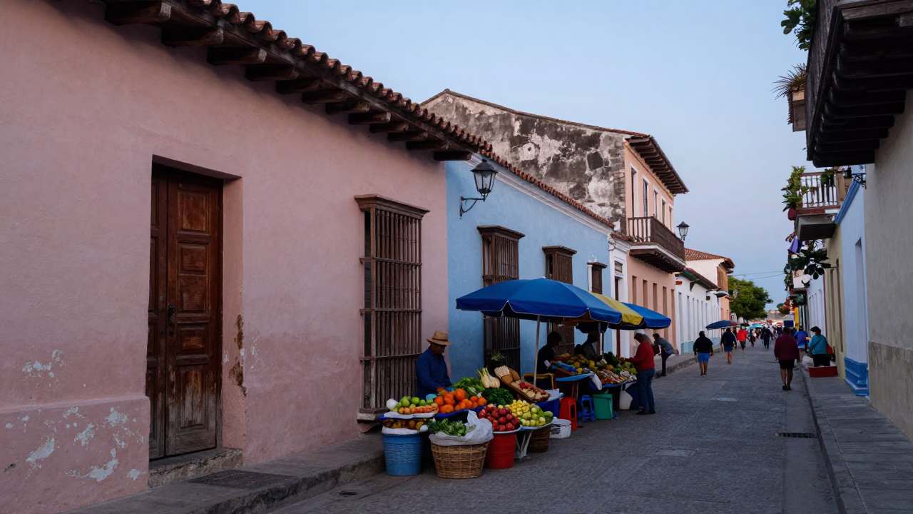 Nautical Dawn Street Scene in Cartagena Colombia with Local Market Activity in in Cartagena, Colombia