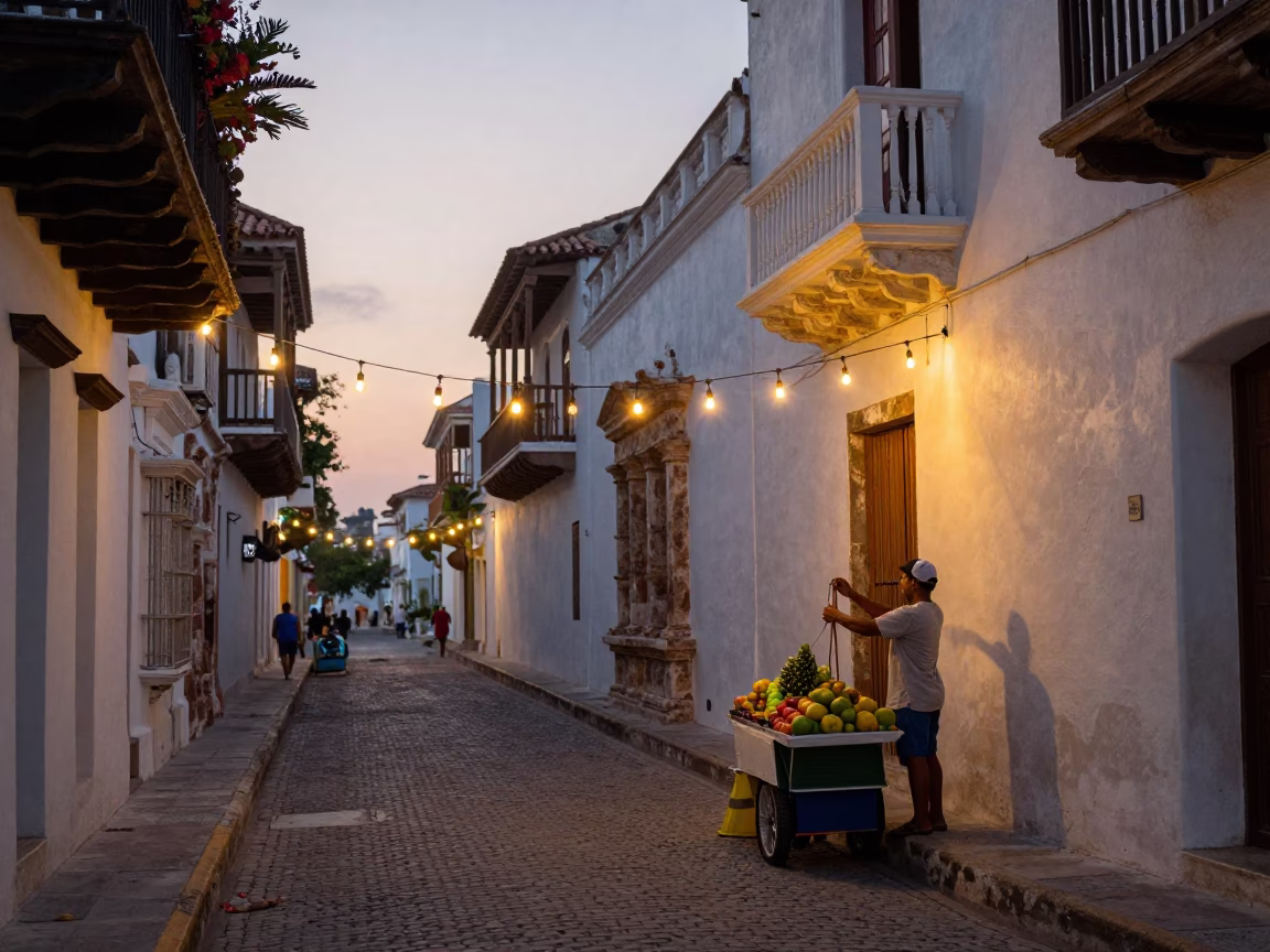 Nautical Dawn Street Scene in Cartagena Colombia with String Lights in in Cartagena, Colombia
