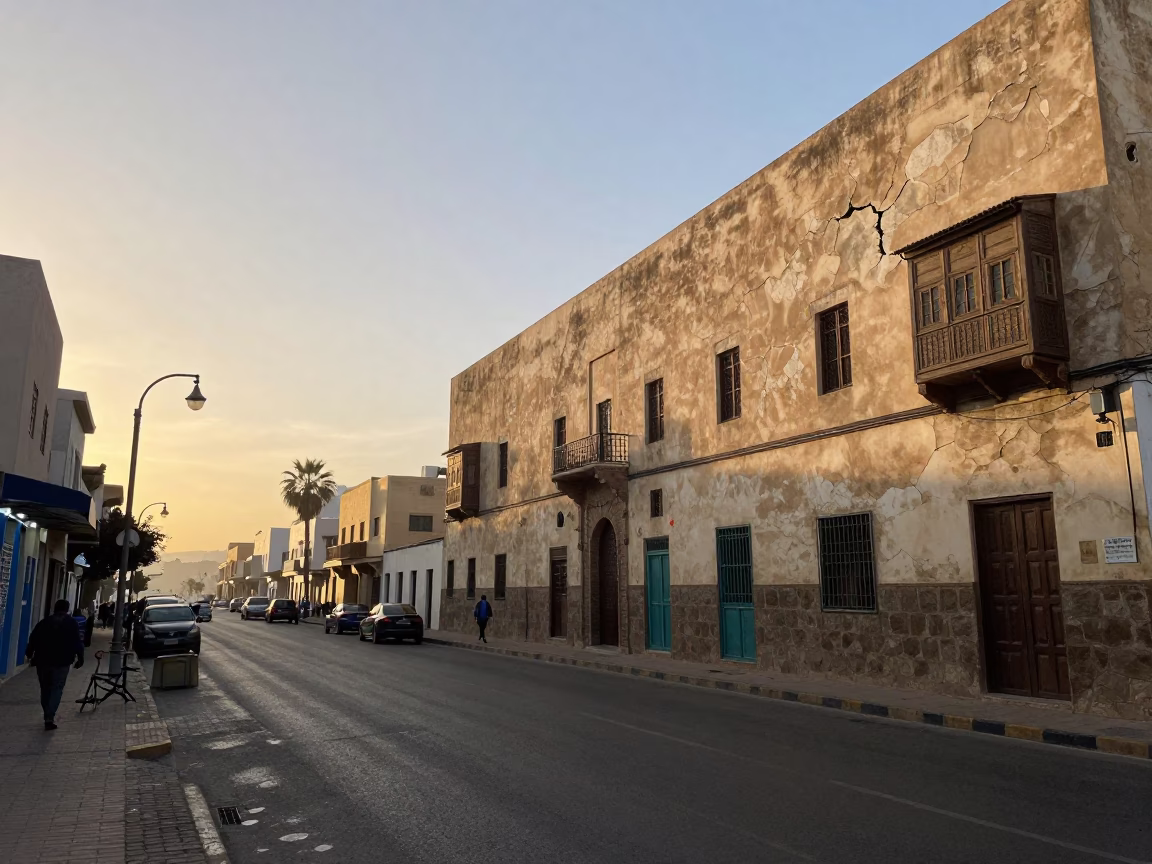 Nautical Dawn Street Scene in Casablanca Morocco with Cracked Stucco and Vintage Life in in Casablanca, Morocco