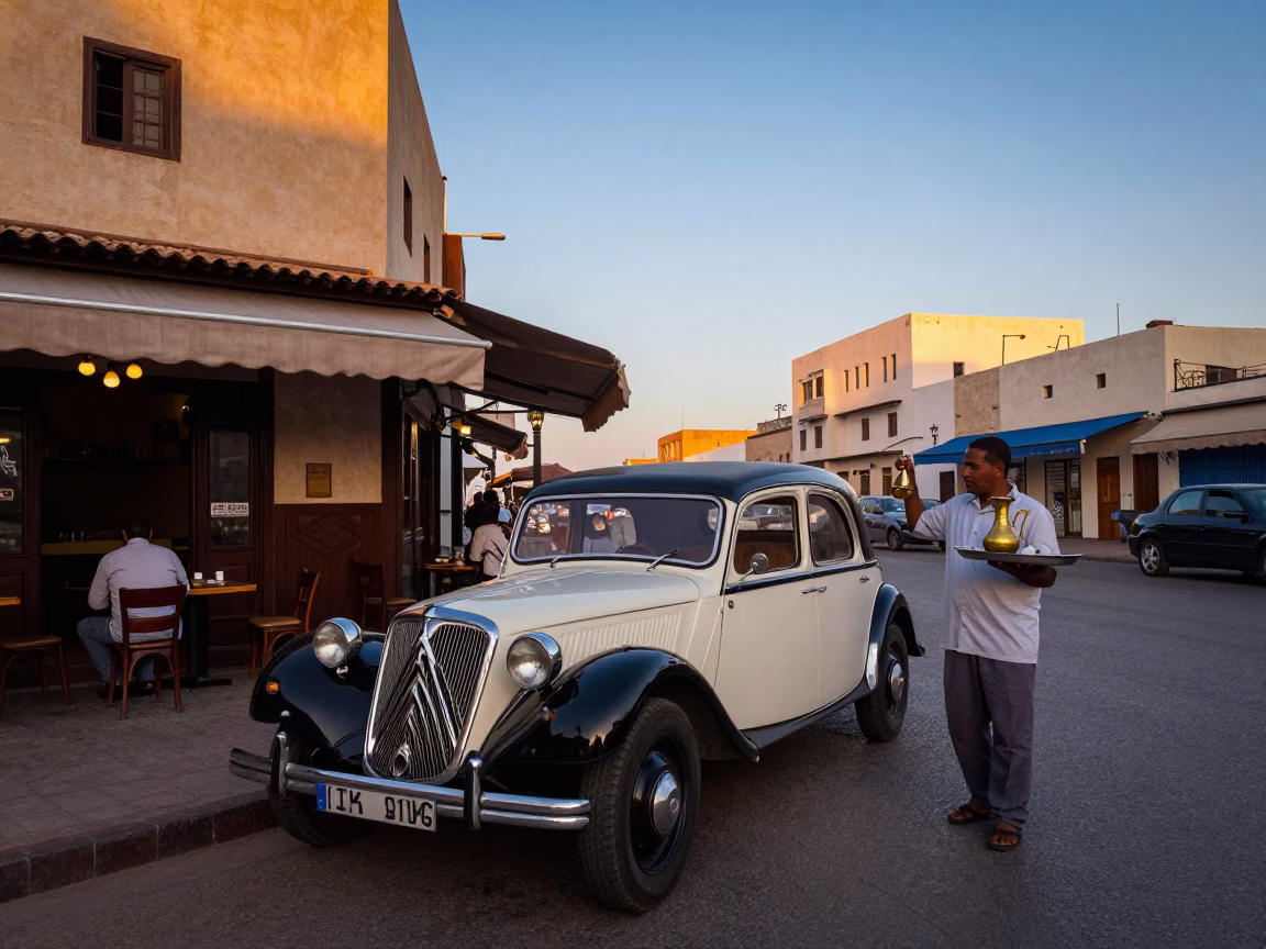 Nautical Dawn Street Scene in Casablanca Morocco with Vintage Car and Traditional Teapot in in Casablanca, Morocco