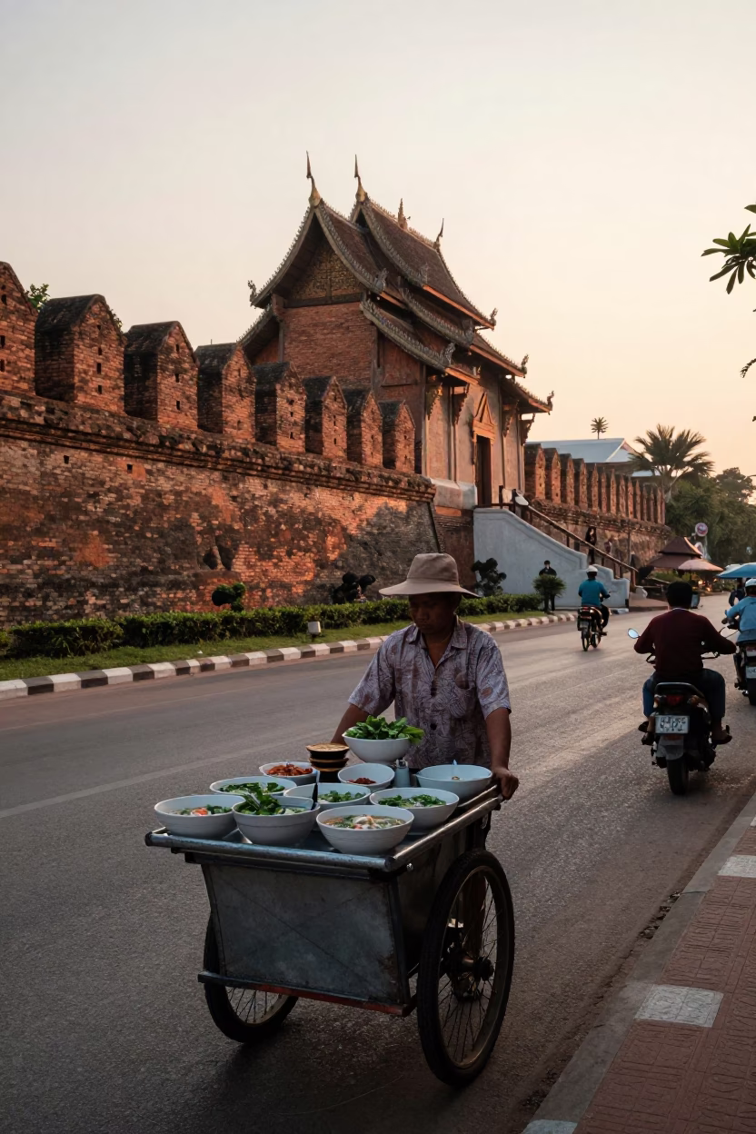 Nautical Dawn Street Scene in Chiang Mai Thailand with Local Breakfast and River View in in Chiang Mai, Thailand