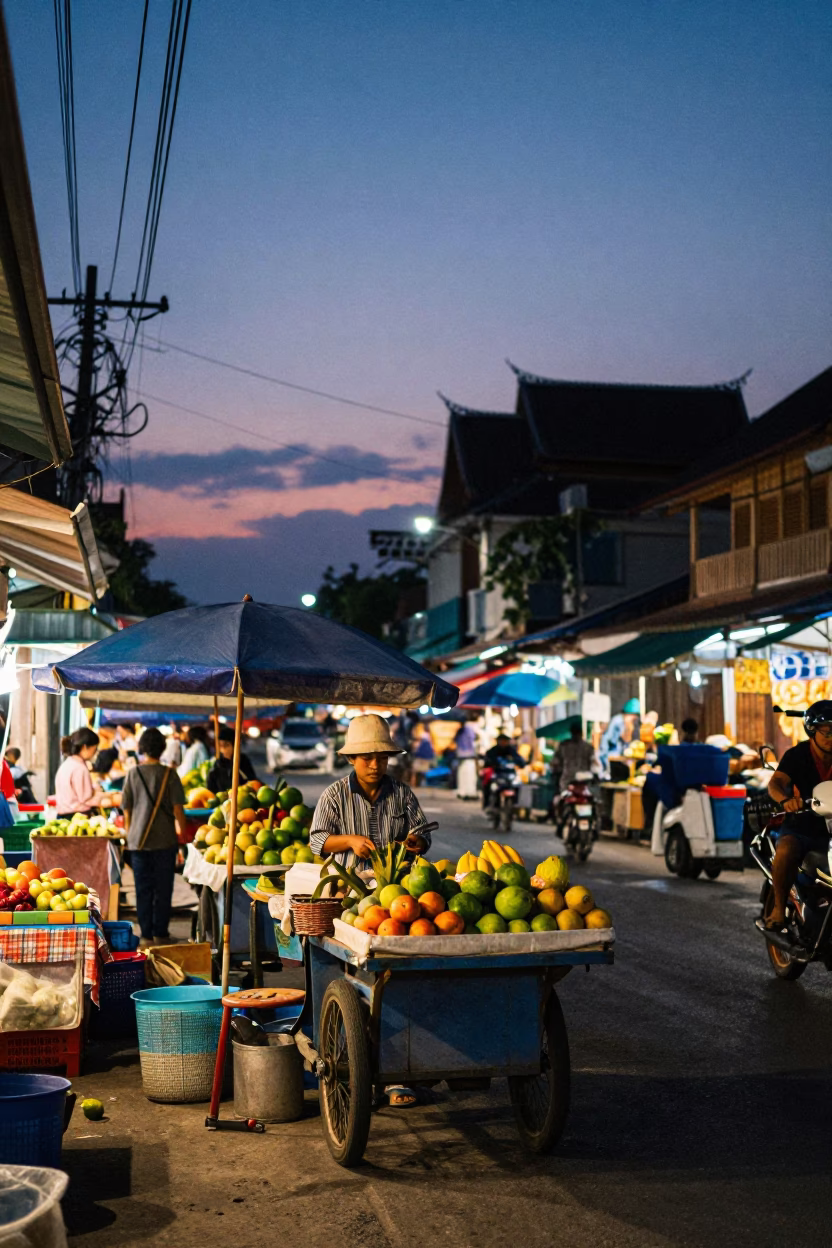 Nautical Dawn Street Scene in Chiang Mai Thailand with Local Market Activity in in Chiang Mai, Thailand