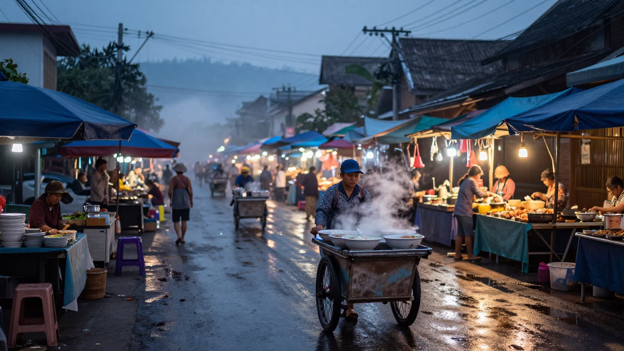Nautical Dawn Street Scene in Chiang Mai Thailand with Morning Market Vendors in in Chiang Mai, Thailand