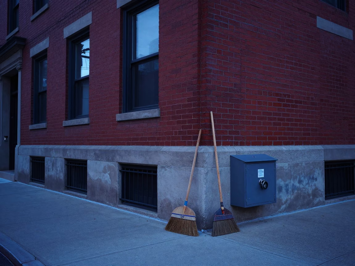 Nautical Dawn Street Scene in Chicago Illinois with Broom and Lockbox in in Chicago, Illinois, United States