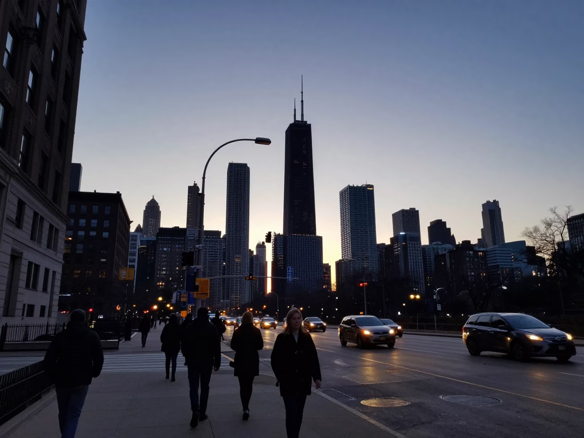 Nautical Dawn Street Scene in Chicago Illinois with Commuters and Urban Architecture in in Chicago, Illinois, United States