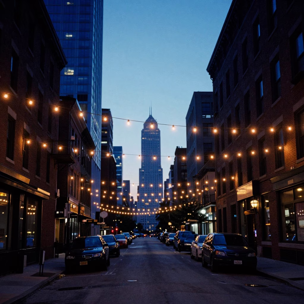 Nautical Dawn Street Scene in Chicago Illinois with String Lights and Urban Atmosphere in in Chicago, Illinois, United States