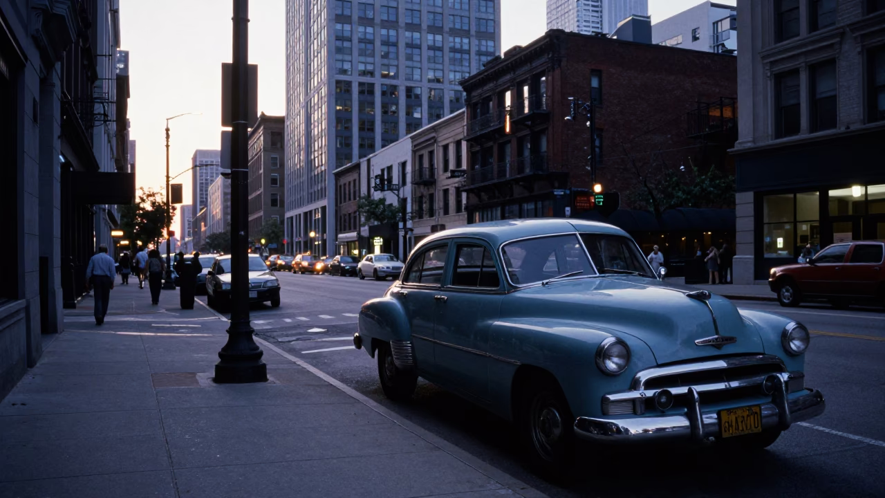 Nautical Dawn Street Scene in Chicago Illinois with Vintage 1950s Atmosphere in in Chicago, Illinois, United States