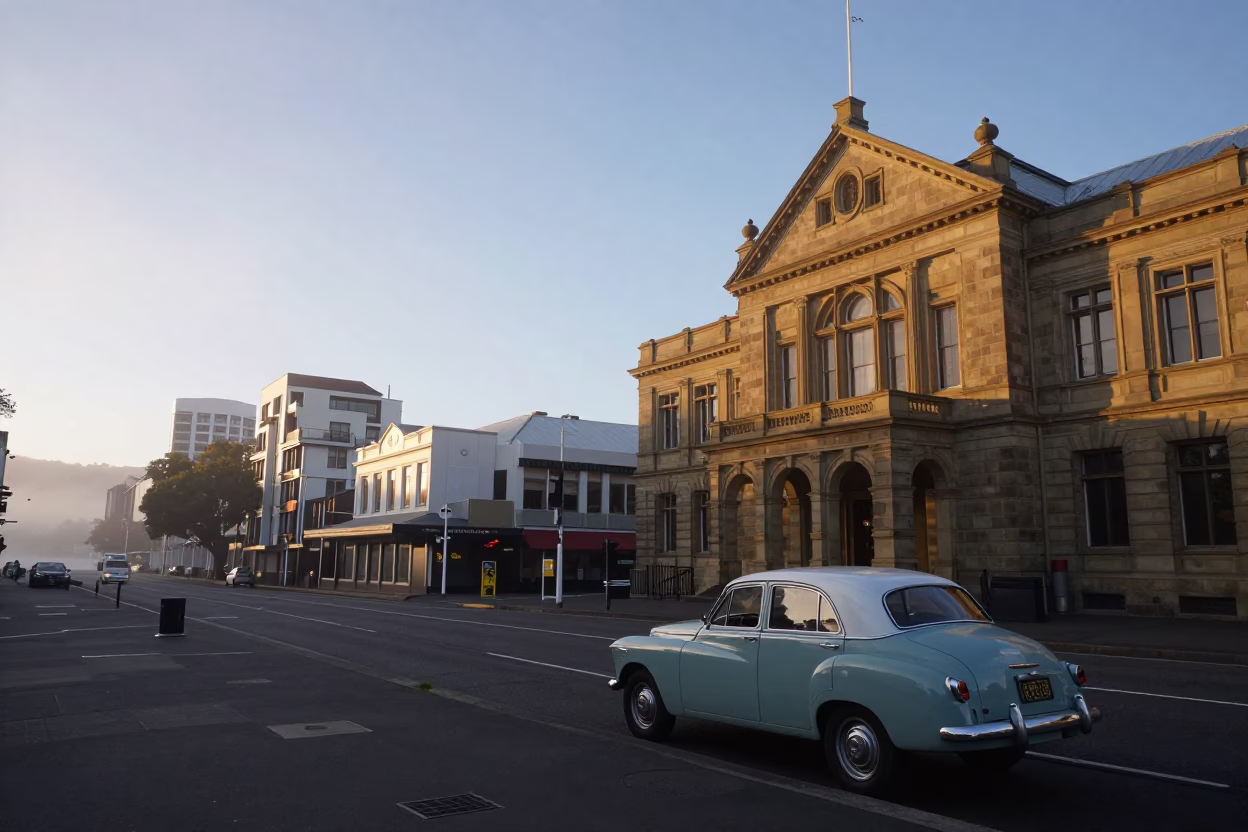 Nautical Dawn Street Scene in Christchurch New Zealand with Vintage Elements in in Christchurch, New Zealand