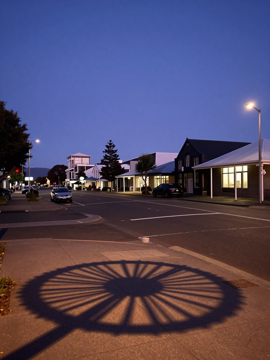Nautical Dawn Street Scene in Christchurch New Zealand with Wicker Shadow and Porcelain Jars in in Christchurch, New Zealand