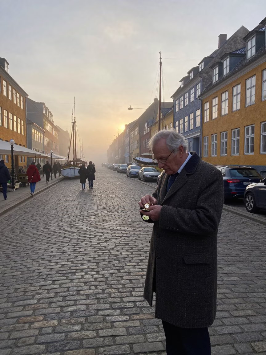 Nautical Dawn Street Scene in Copenhagen Denmark with Vintage 1960s Atmosphere in in Copenhagen, Denmark