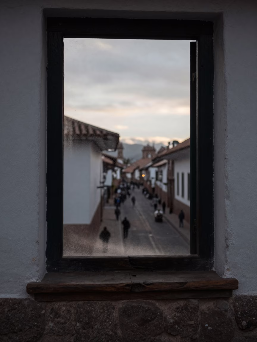 Nautical Dawn Street Scene in Cusco Peru With Dust On Window Sill in in Cusco, Peru