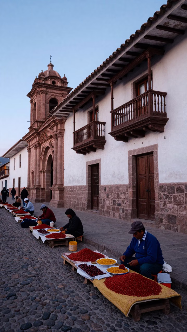 Nautical Dawn Street Scene in Cusco Peru with Local Vendors and Andean Architecture in in Cusco, Peru