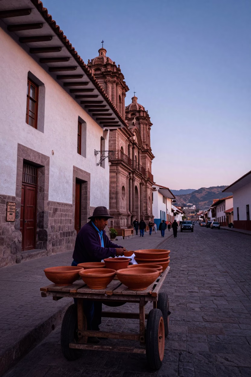Nautical Dawn Street Scene in Cusco Peru with Terracotta Bowls and Colonial Architecture in in Cusco, Peru
