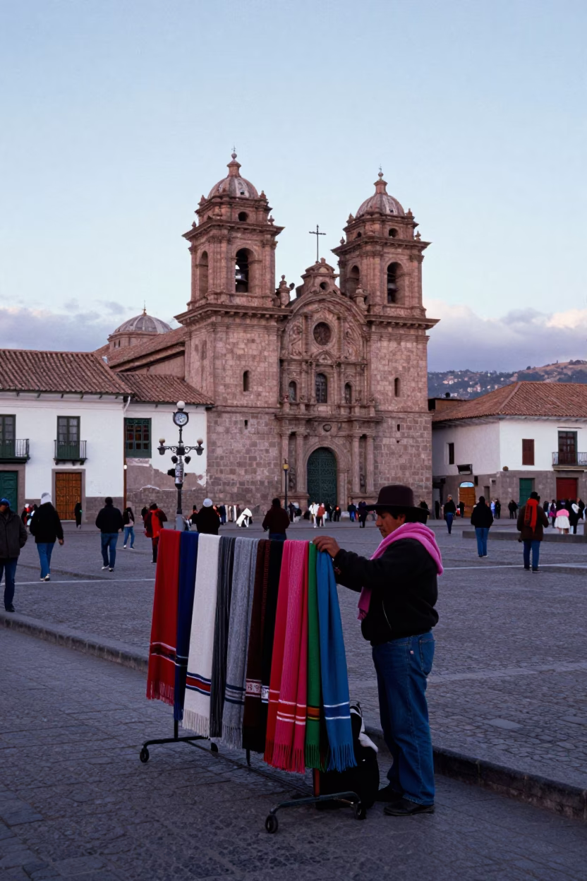 Nautical Dawn Street Scene in Cusco Peru with Wool Scarves and Boot Scraper in in Cusco, Peru