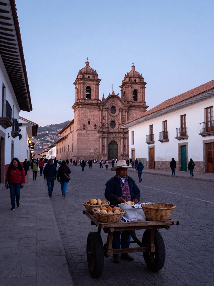 Nautical Dawn Street Scene in Cusco Peru with Woven Bread Basket in in Cusco, Peru