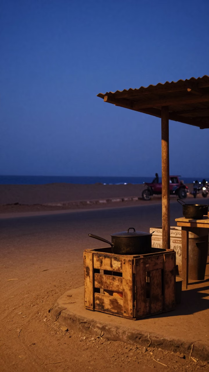 Nautical Dawn Street Scene in Dakar Senegal with Crate and Saucepan in in Dakar, Senegal