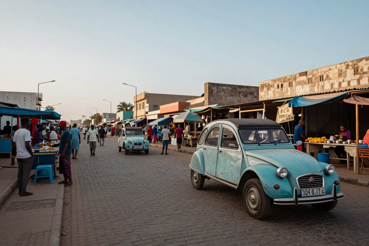 Nautical Dawn Street Scene in Dakar Senegal with Local Market Activity and Vintage Vehicles in in Dakar, Senegal