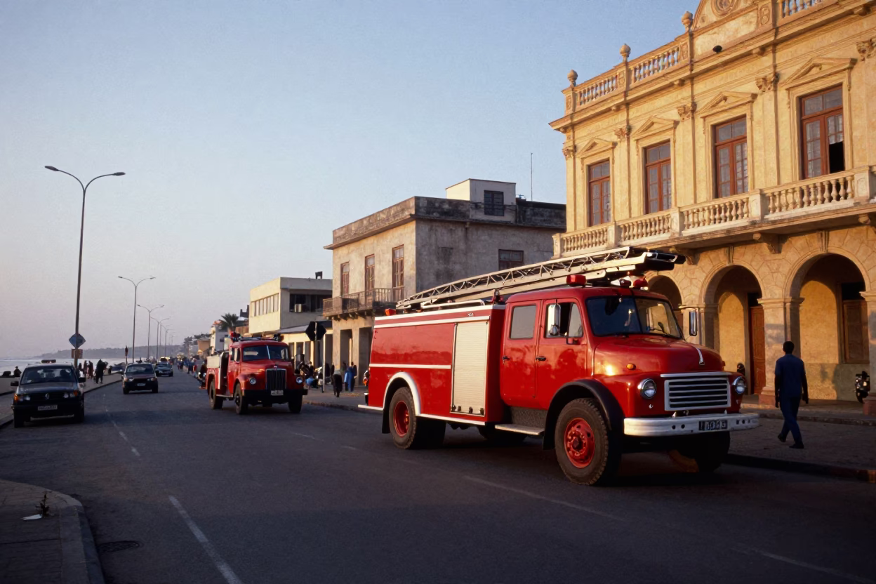 Nautical Dawn Street Scene in Dakar Senegal with Vintage Fire Engine in in Dakar, Senegal