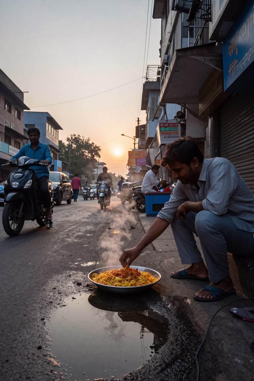 Nautical Dawn Street Scene in Delhi India with Chaat and Puddle Reflections in in Delhi, India