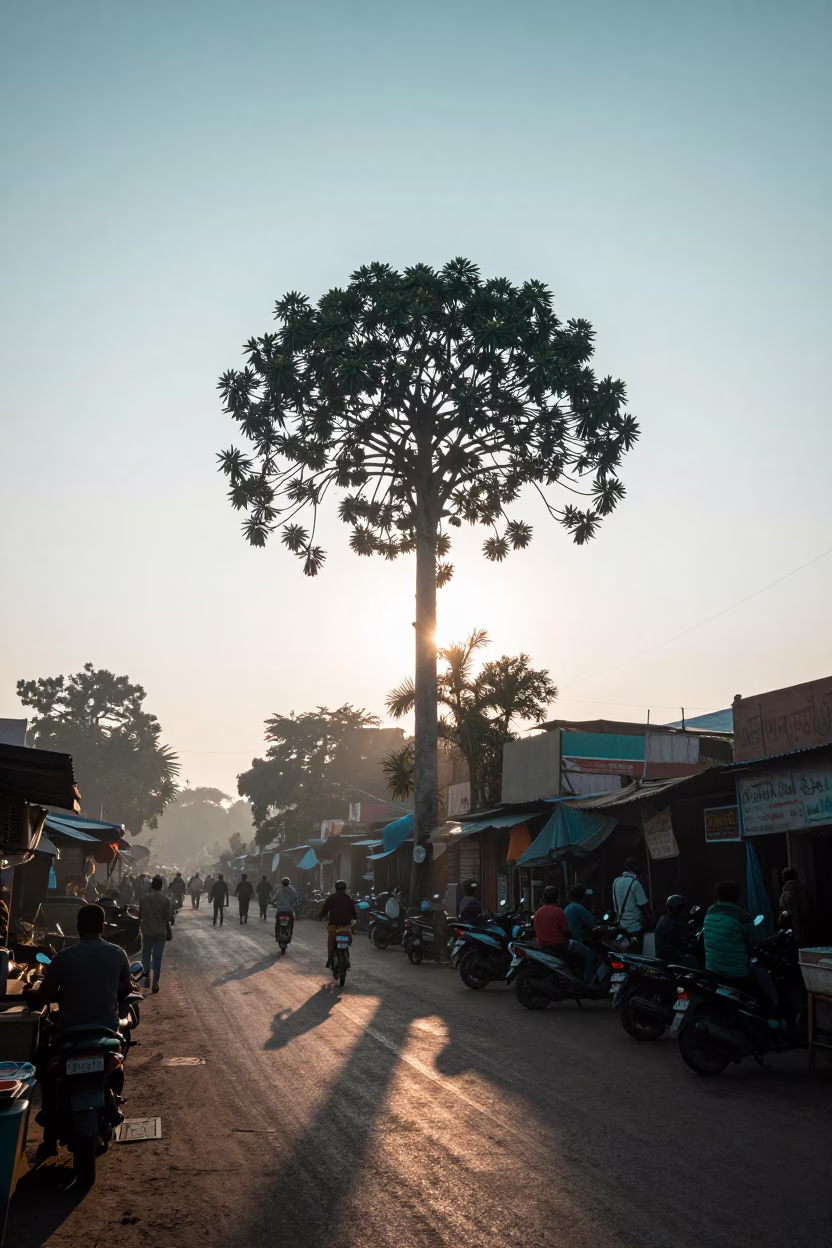 Nautical Dawn Street Scene in Delhi India with Euphorbia Candelabra Tree and Onions in in Delhi, India