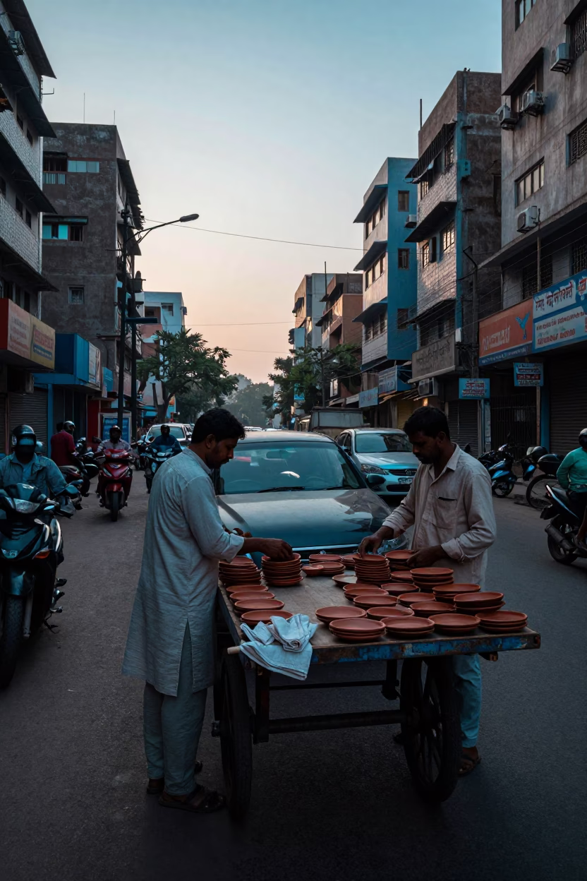 Nautical Dawn Street Scene in Delhi India with Linen Napkin and Sweets in in Delhi, India