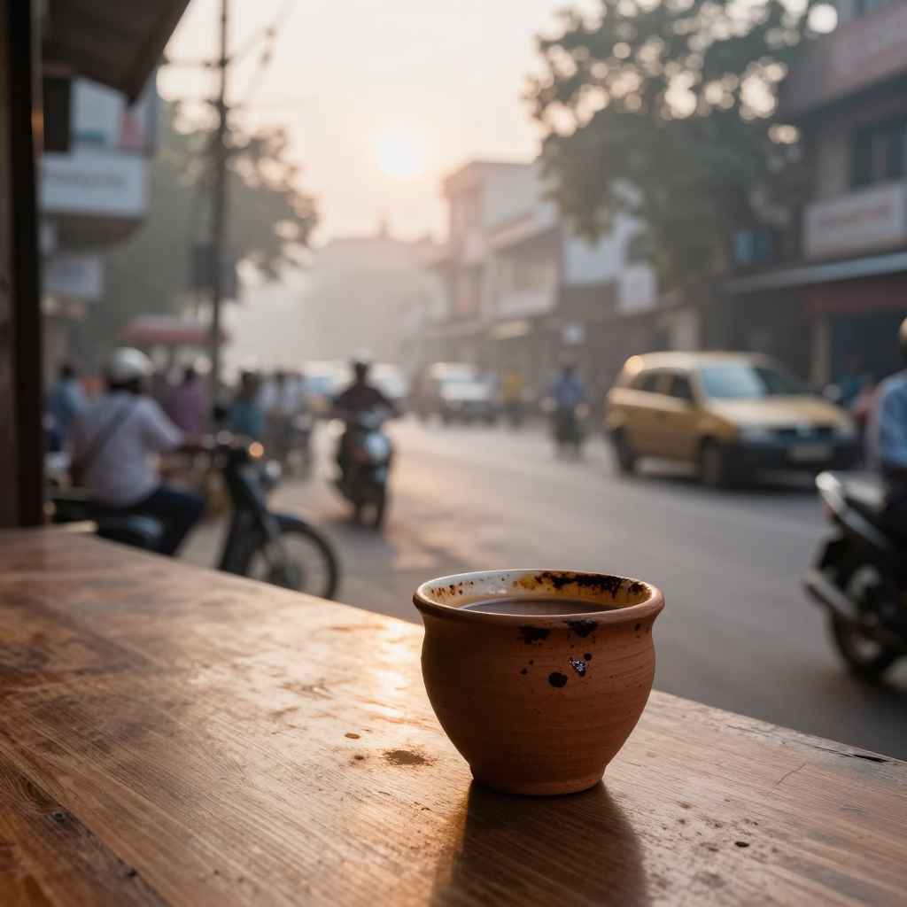 Nautical Dawn Street Scene in Delhi India with Tea Stains and Local Commerce in in Delhi, India