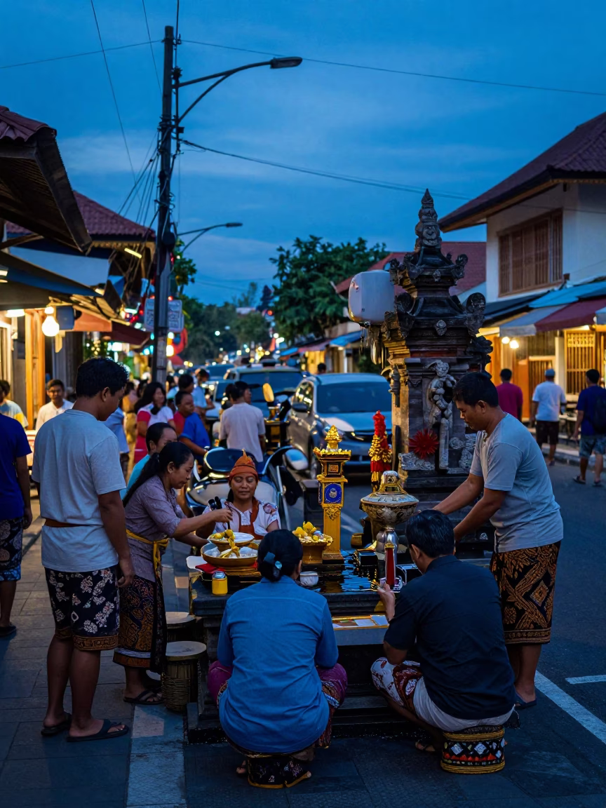 Nautical Dawn Street Scene in Denpasar Bali with Temple Water Ceremony and Ferns in in Denpasar, Indonesia