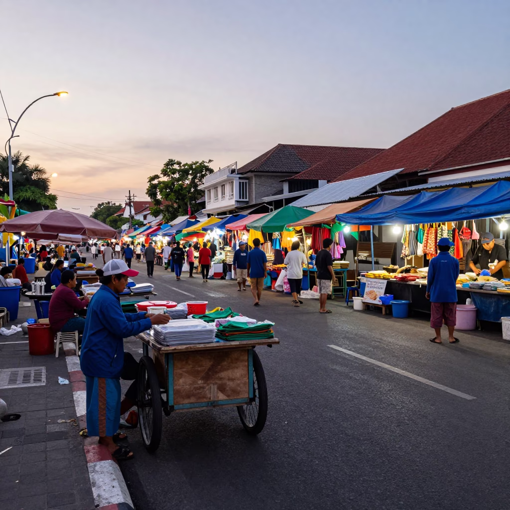 Nautical Dawn Street Scene in Denpasar Indonesia with Local Market Activity in in Denpasar, Indonesia