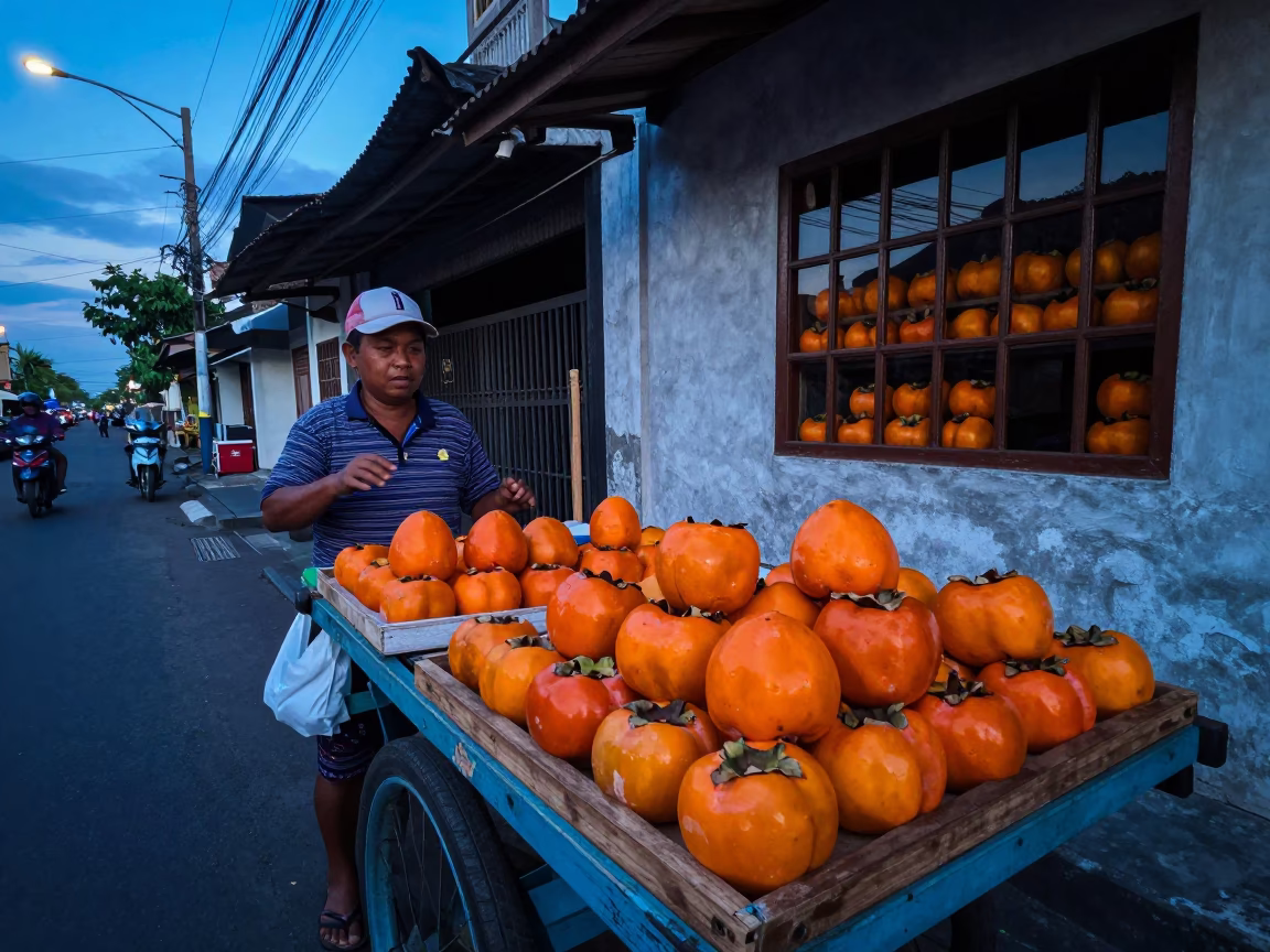 Nautical Dawn Street Scene in Denpasar Indonesia with Persimmons and Window Light in in Denpasar, Indonesia