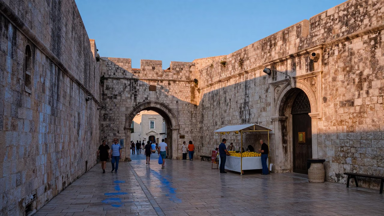 Nautical Dawn Street Scene in Dubrovnik Croatia with Lemons and Weathered Stone in in Dubrovnik, Croatia