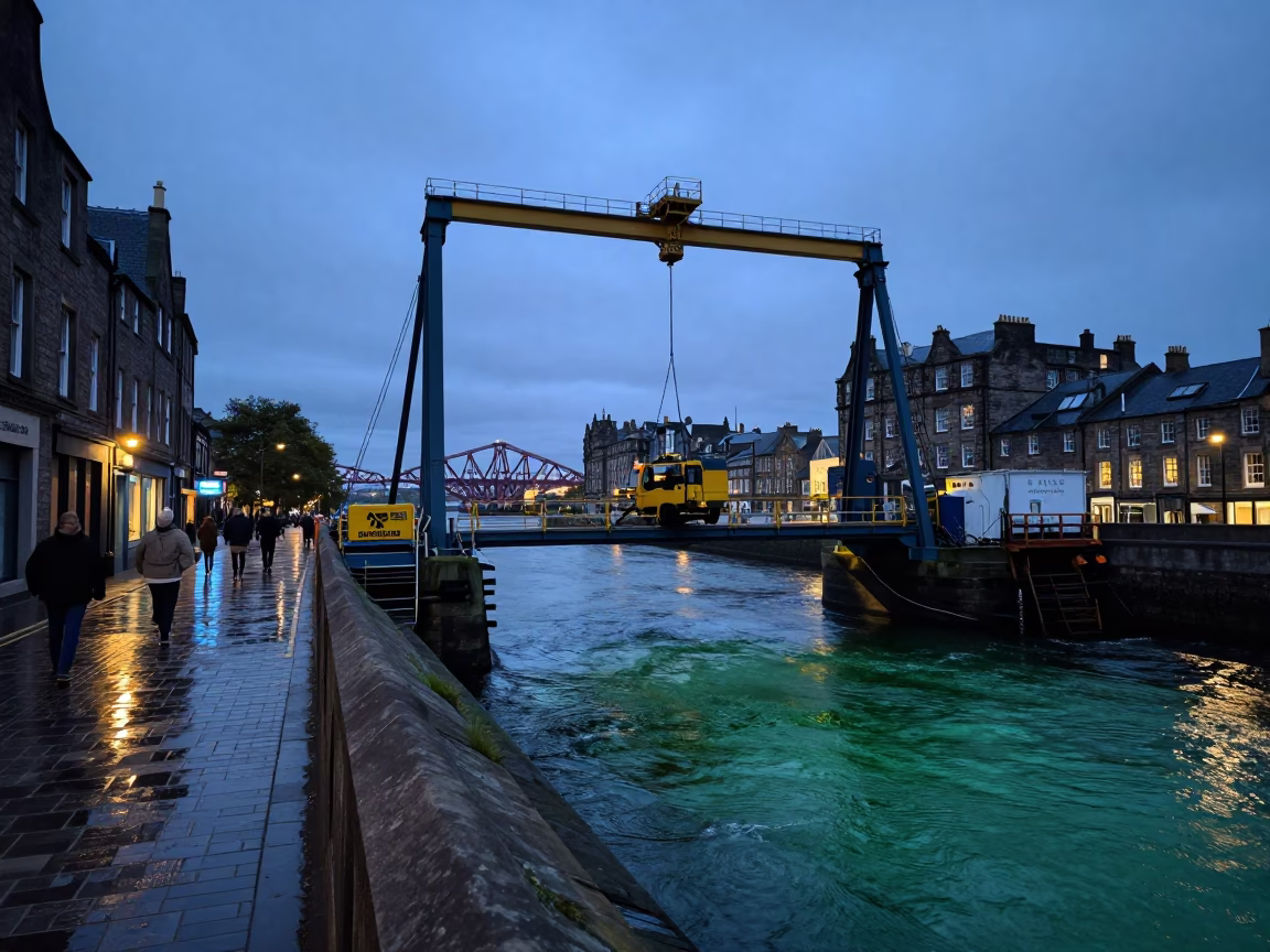 Nautical Dawn Street Scene in Edinburgh Scotland with Bridge Maintenance Cradle in in Edinburgh, United Kingdom