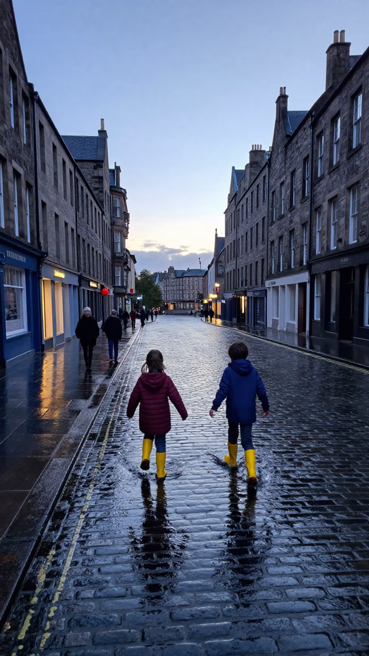 Nautical Dawn Street Scene in Edinburgh United Kingdom with Children Playing in in Edinburgh, United Kingdom