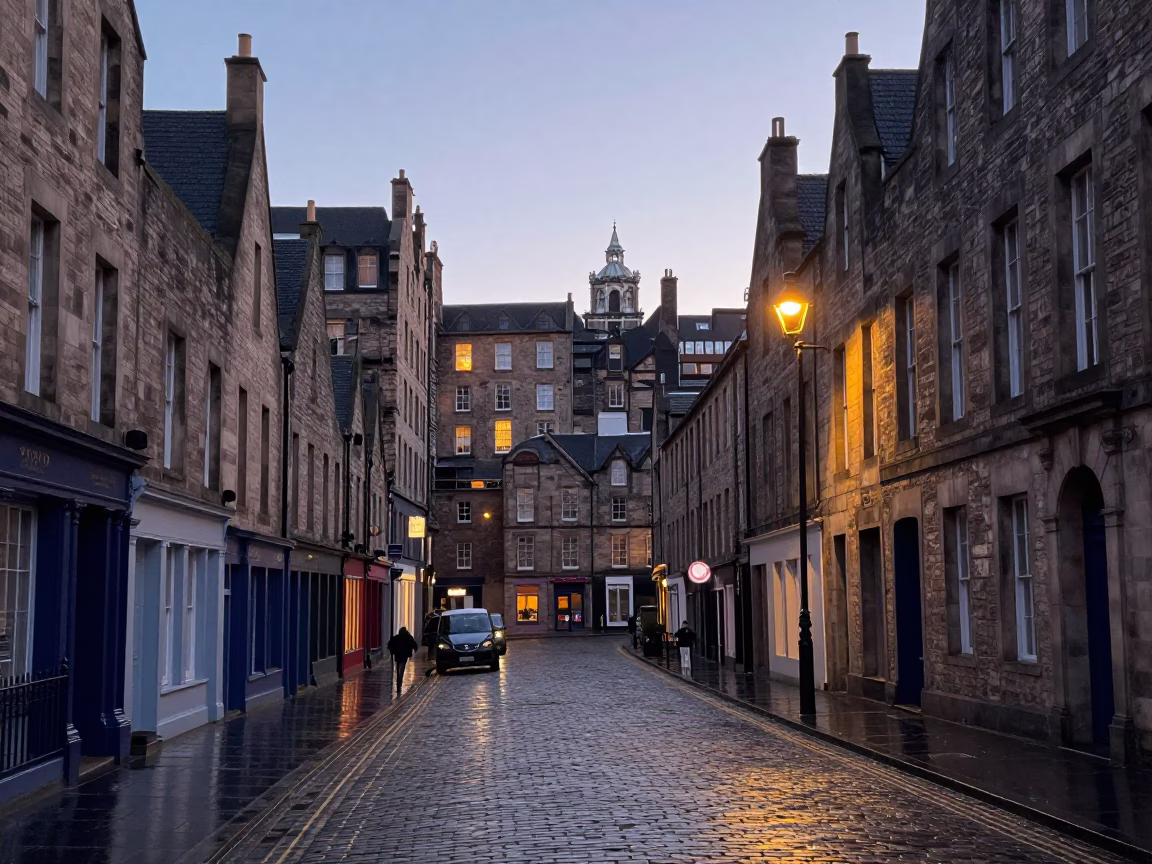 Nautical Dawn Street Scene in Edinburgh United Kingdom with Stone Architecture and Wet Pavement in in Edinburgh, United Kingdom