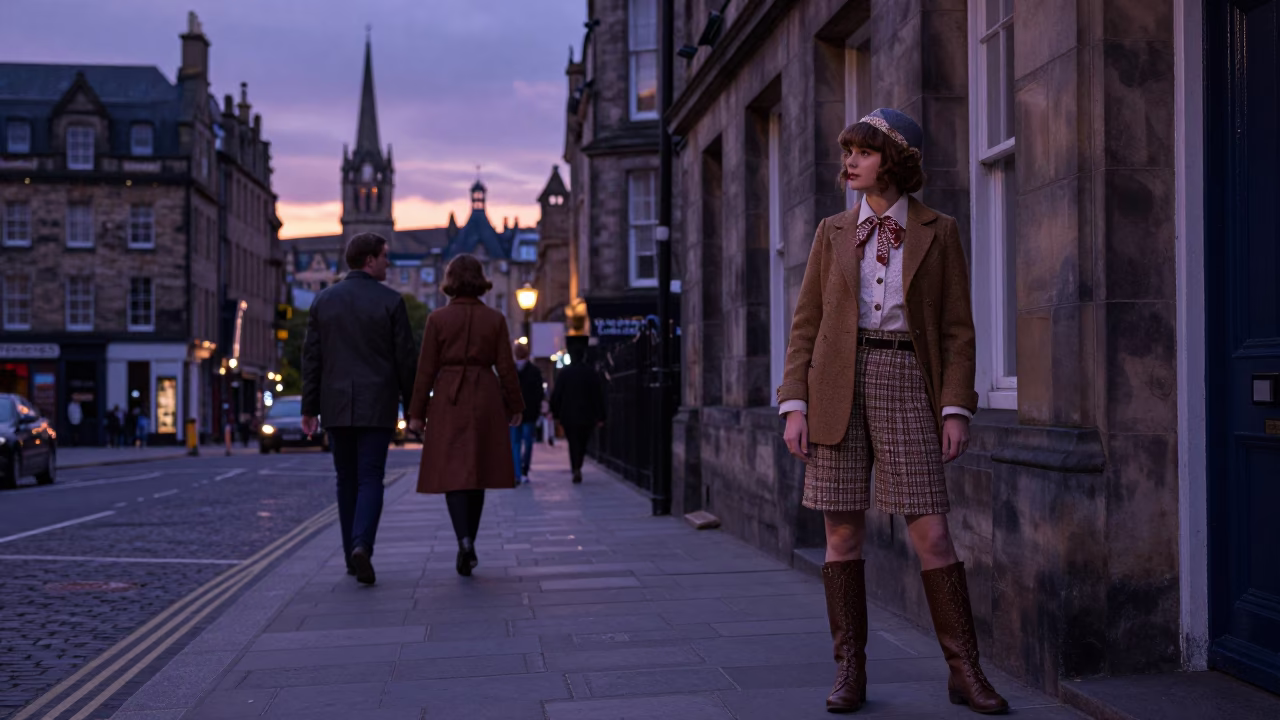 Nautical Dawn Street Scene in Edinburgh with Vintage Fashion and Urban Details in in Edinburgh, United Kingdom