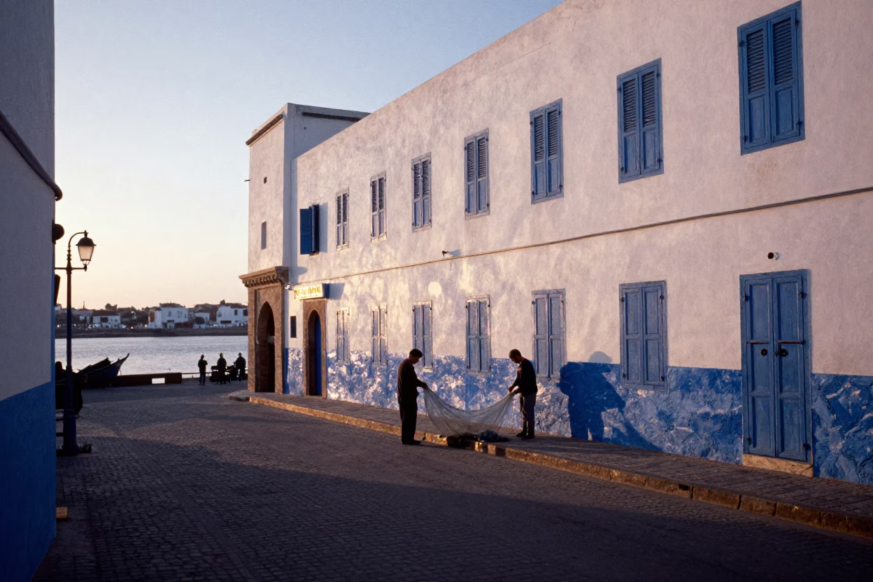 Nautical Dawn Street Scene in Essaouira Morocco with Blue Hour Light in in Essaouira, Morocco