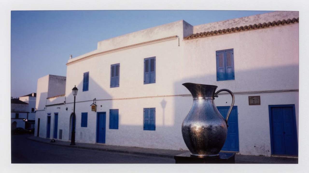 Nautical Dawn Street Scene in Essaouira Morocco with Condensation on Pitcher in in Essaouira, Morocco