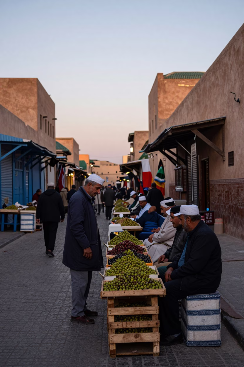 Nautical Dawn Street Scene in Fez Morocco with Local Market Activity and Traditional Architecture in in Fez, Morocco