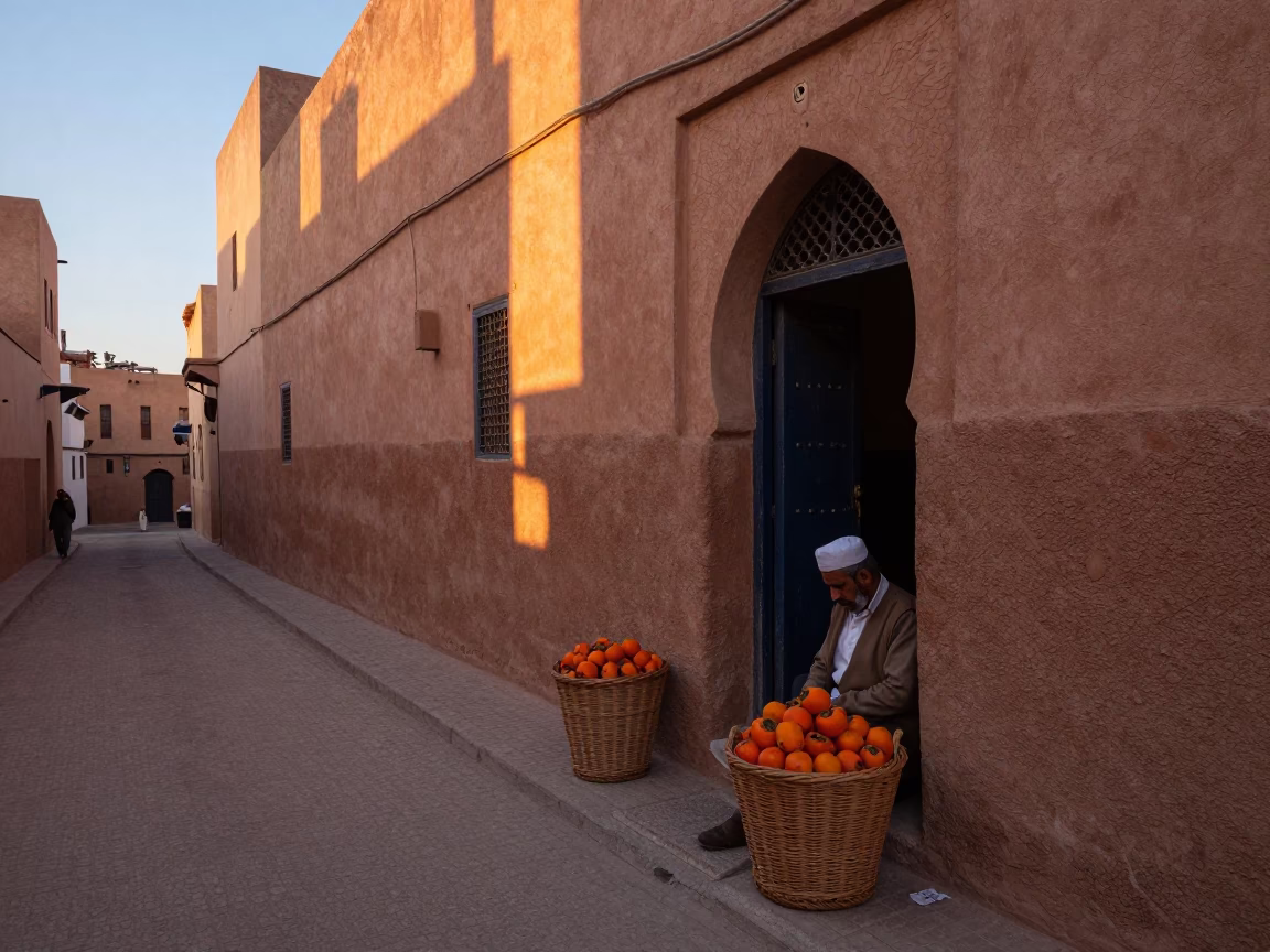 Nautical Dawn Street Scene in Fez Morocco with Wicker Basket and Morning Light in in Fez, Morocco