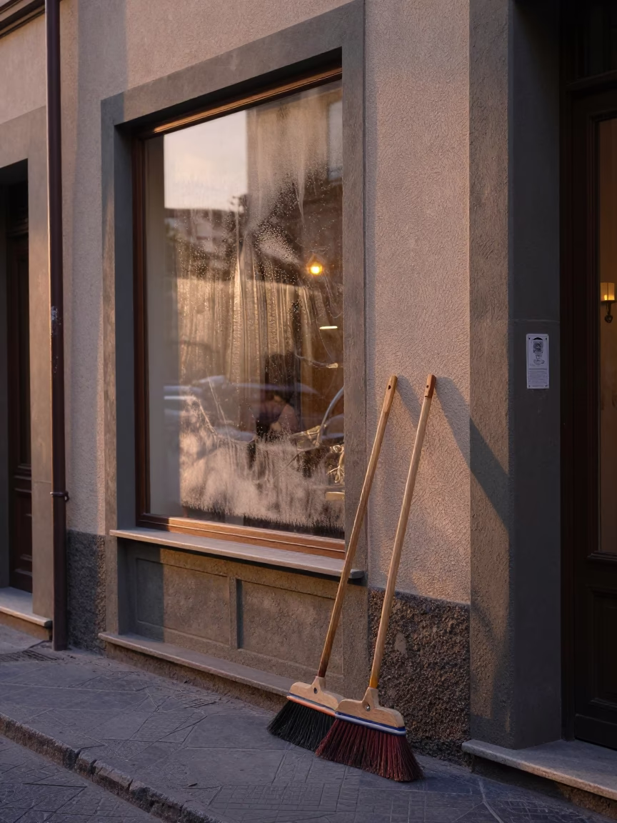Nautical Dawn Street Scene in Florence Italy with Brooms and Condensation in in Florence, Italy