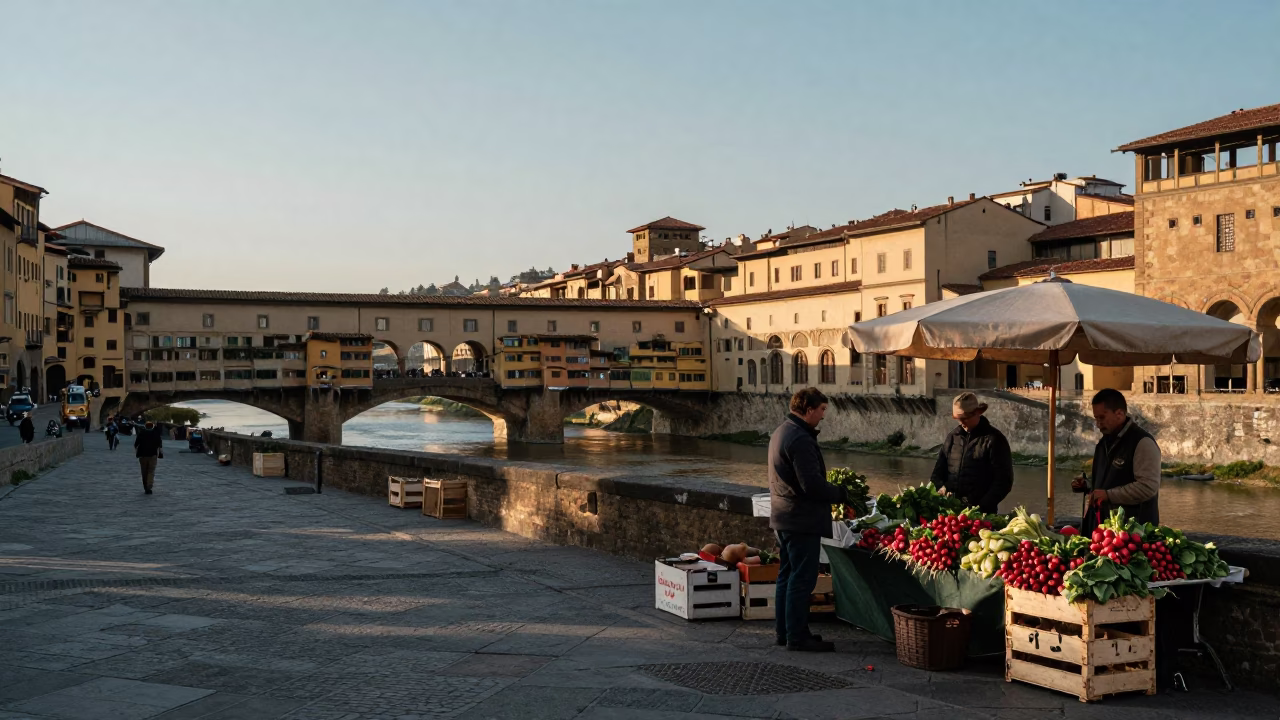 Nautical Dawn Street Scene in Florence Italy with Local Market Activity in in Florence, Italy