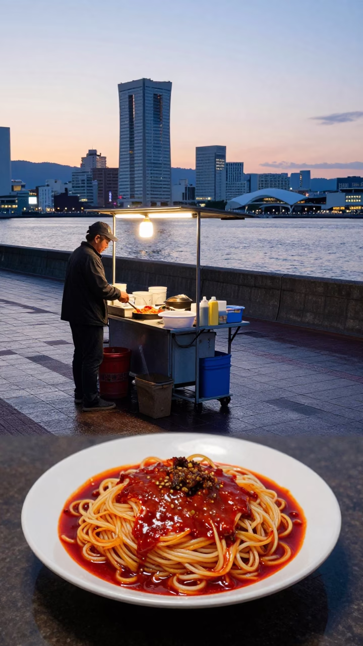 Nautical Dawn Street Scene in Fukuoka Japan with Bibim Guksu Plate in in Fukuoka, Japan