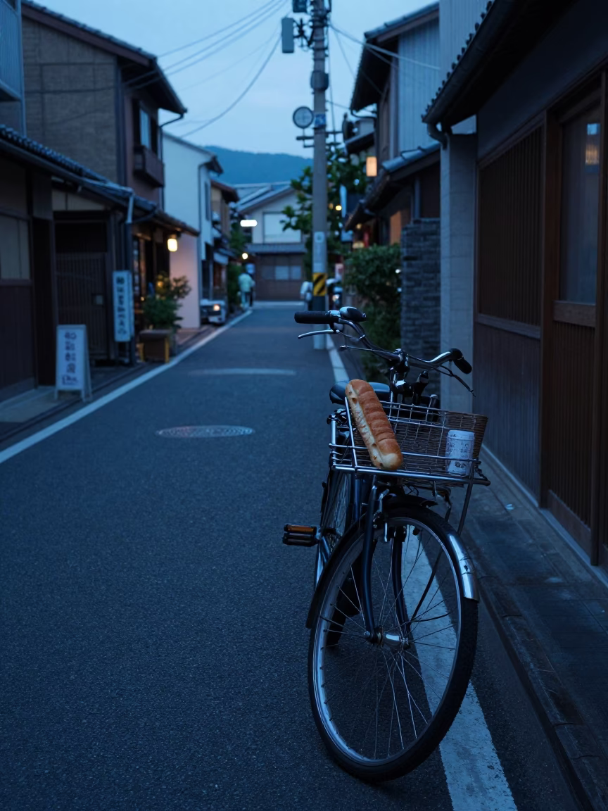 Nautical Dawn Street Scene in Fukuoka Japan with Bicycle and Local Commerce in in Fukuoka, Japan